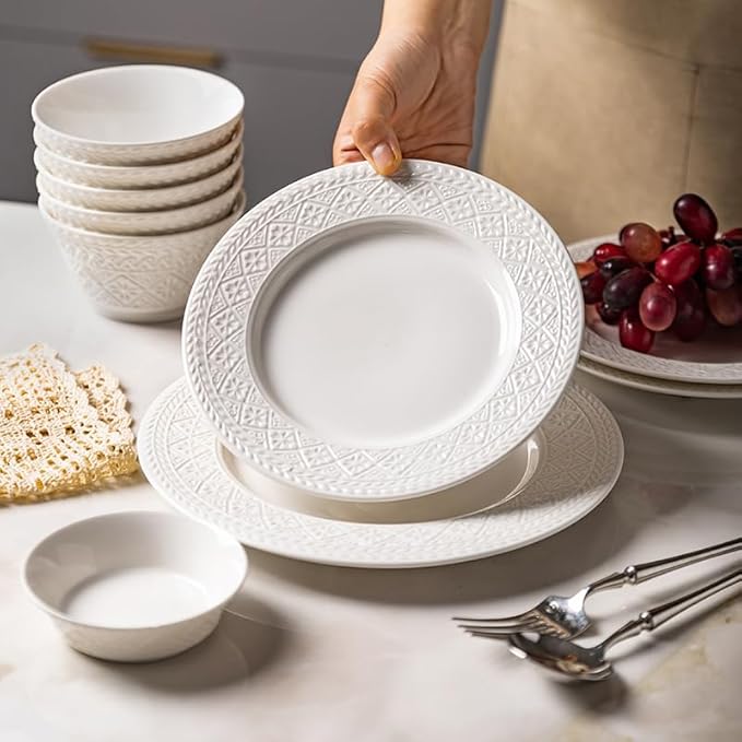 12-Piece White Ceramic Dinnerware Set - Relief Series Service for 4 Includes Bowls &amp 8''/9.6'' Plates Glossy Finish