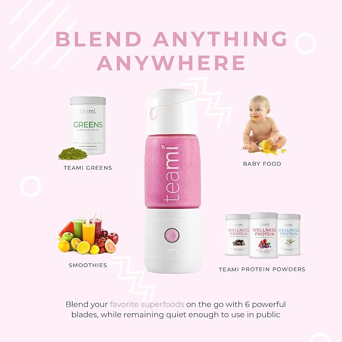 Teami MIXit Portable Blender 2.0 - USB Rechargeable 18.6oz GLASS - Use at the Office or Gym - 30 Seconds for Smoothies and Protein Shakes Personal Blender with 6 Powerful Blades (Baby Pink)