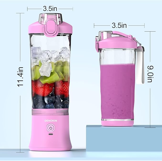 DENOKIN Portable Blender 20oz Vessel Cordless Personal Size Blend with 6 Blade and a Travel Lid (Purpleish Pink)