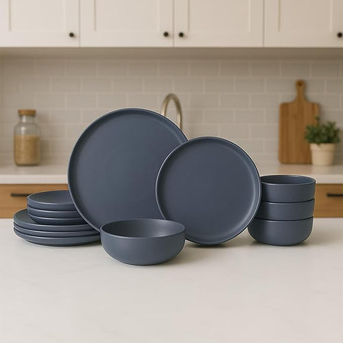 12-Piece Matte Blue Dinnerware SetStoneware Dinnerware for 4 Microwave &amp Dishwasher Safe Stackable Design for Kitchen and Dining - Plates and Bowls