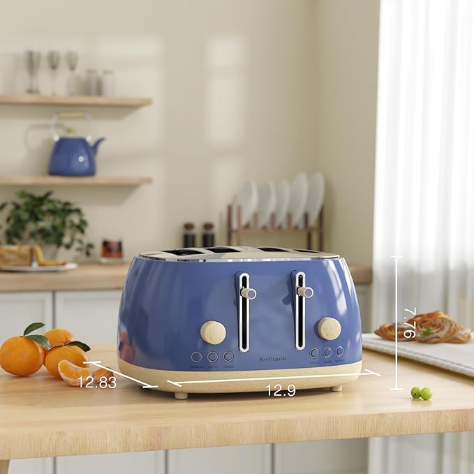 Toaster 4 SliceRetro Stainless Steel Toaster with Extra Wide Slots Cancel Bagel Defrost Function Dual Independent Control Panel Removable Crumb Tray and High Lift Lever (Sapphire Blue)