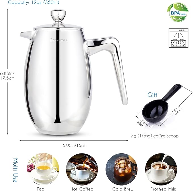 Easyworkz Nando French Press 12 oz Double Wall Insulated Thermal Coffee Maker304 Stainless Steel Cafetiere