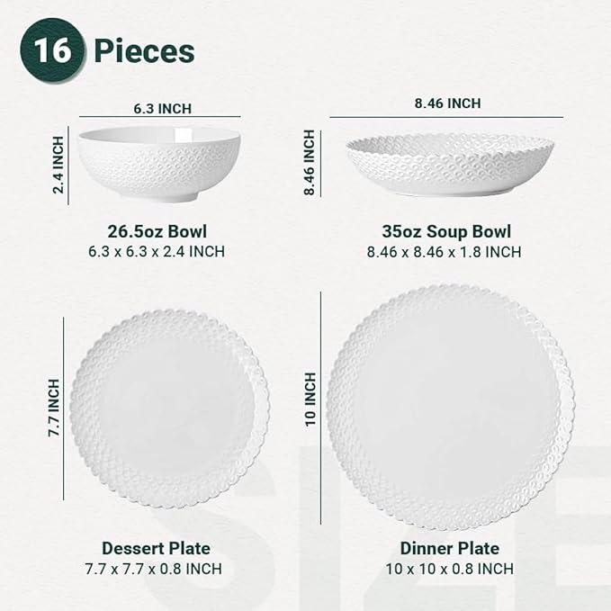 16 Piece Dinnerware Sets with Dishes Bowls and Plates Porcelain Dinner Set for 4 White Glossy Round All Occasions