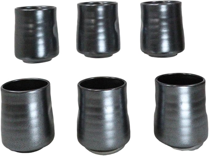 Ebros Gift Iron Black Clay Underglaze Technique Tetsu Kesho Porcelain Dinnerware Kitchen Set Asian Japanese Restaurant Supply (Pack Of 6 Reactive Glaze Tea Cups 9oz)