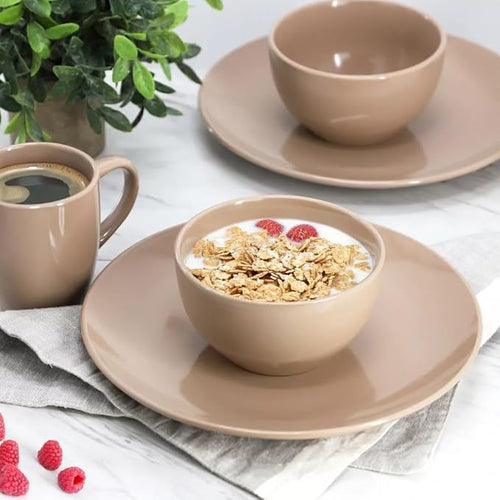 12 Piece Stoneware Dinnerware Set – Round Plates Bowls &amp Mugs for 4 Dishwasher &amp Microwave Safe Modern Matte Finish (Mocha Brown)