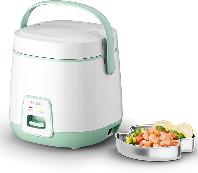 TLOG Mini Rice Cooker 2-Cup Uncooked(4-Cup cooked) Healthy Non-stick Coating 1.2L Small Rice Maker for 1-3 People Portable Travel Fast Cooker with Steam Tray Rice Maker for Grains White Rice Oatm