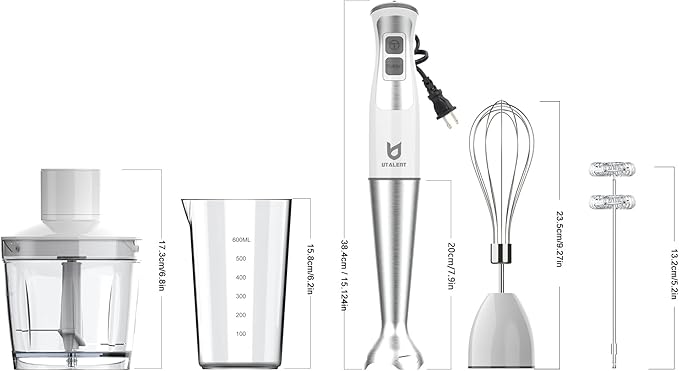 Immersion Hand Blender UTALENT 5-in-1 8-Speed Immersion Blender with 500ml Food Grinder 600ml ContainerMilk FrotherEgg WhiskPuree Infant Food Smoothies Sauces and Soups - White