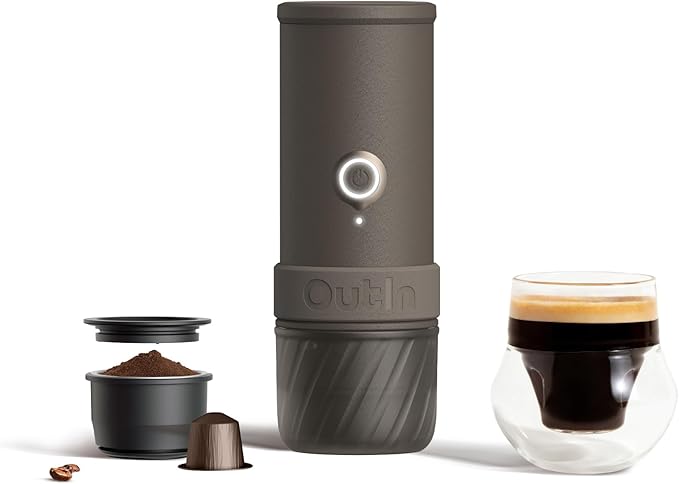 OutIn Mino Portable Electric Espresso Machine Mini Camping Coffee Maker for Travel Pocket Sized Coffee Machine Self-Heating Ground Coffee &amp NS Capsule Adapter For Adventure