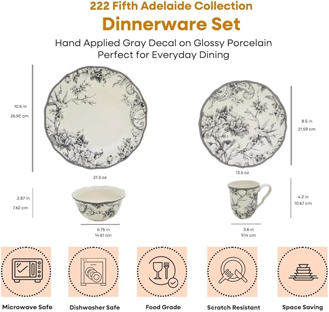 222 Fifth Adelaide 16-Piece Casual Grey Porcelain Dinnerware Set – Service for 4 Classic Toile Bird &amp Floral Design Microwave &amp Dishwasher Safe for Everyday Dining &amp Entertainment