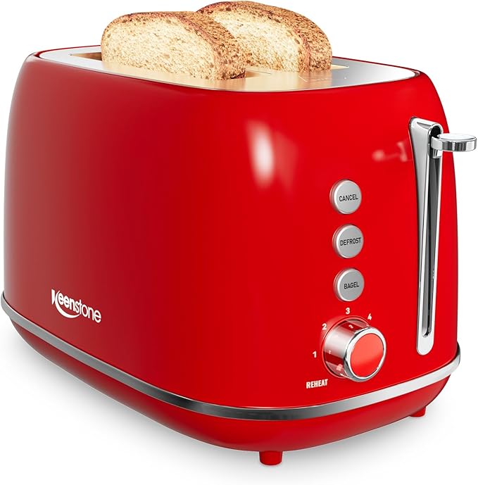 2 Slice Stainless Steel Toaster Retro with 6 Bread Shade Settings Bagel Cancel Defrost Function Extra Wide Slot Removable Crumb Tray Red