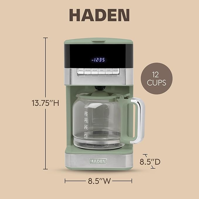 Haden Coffee Machine 12-Cup Programmable Drip Coffee Maker with Auto Shut-Off Function and Reusable Washable Water Filter Green &amp Chrome