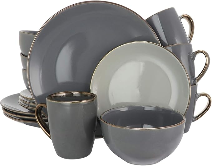 16-Piece Stoneware Dinnerware Set – Modern Glossy Dish Set for 4 in Black Taupe &amp Gray – Microwave and Dishwasher Safe Dinner Plates Bowls Mugs and Salad Plates (Assorted Gray)