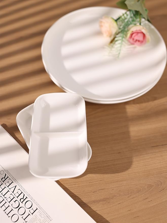 LEETOYI Ceramic Dishes and Plates 4-Piece Dinnerware Set Dinner Plates and Dipping dishes for Dessert Salad Pasta and Dip Microwave &amp Dishwasher Safe White