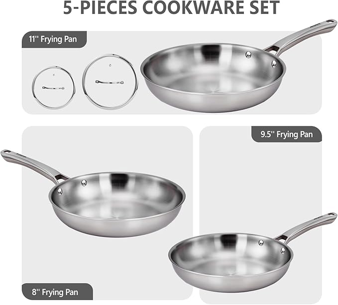 Bonnlo 5 Pieces Cookware Set 3-Ply Stainless Steel Skillets Set with Lids Chef's Pan Kitchen Set Oven &amp Dishwasher Safe Induction Cooking Set PFOA &amp PTFE Free Compatible for All Cooktops