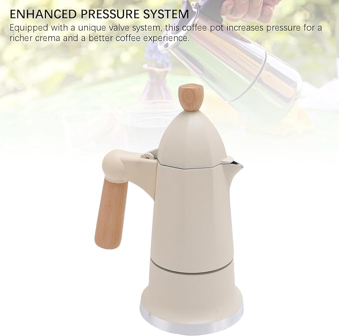Stovetop Coffee Maker 3 Cups Single Valve Aluminum Alloy Percolator Coffee Maker Pot with Wooden Handle for Home Brewing Easy to Use &amp Clean (White)