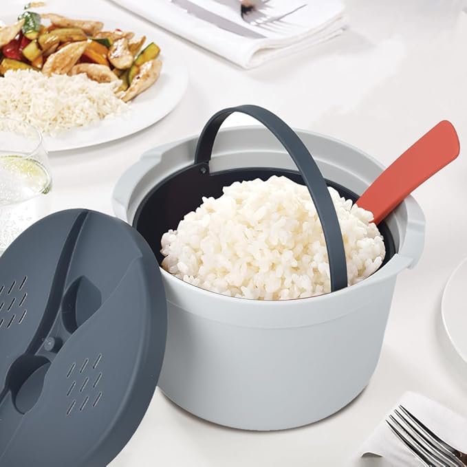 Microwave Rice Cooker 2L Microwave Steamer Nonstick PP Steamer with Lid Strainer Rice Spoon Express Pasta Cooker for Vegetables Quinoa Oatmeal Ramen Meal Prep Essential (Orange)