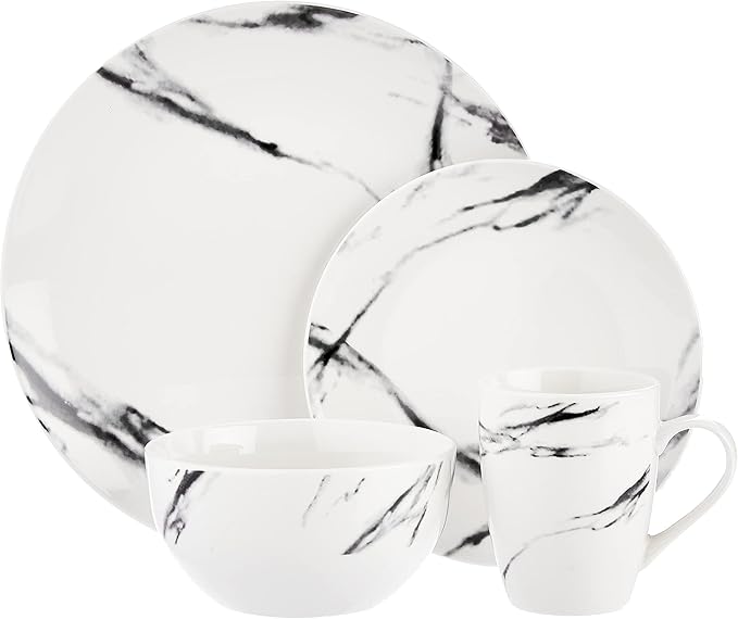 American Atelier Marble Black Coup Casual Round Porcelain Dinnerware Set-16 Piece Party Collection w/ 4 Dinner Salad Plates 4 Bowls &amp 4 Mugs 10.5 White
