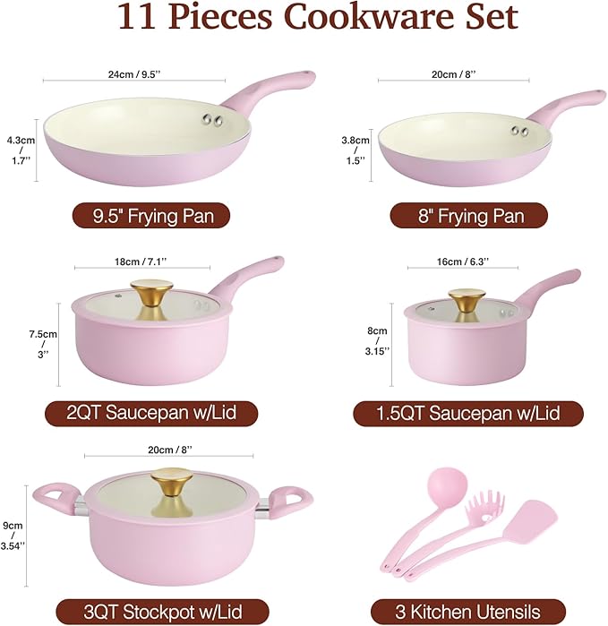 Pots and Pans Set Non Stick Pink Ceramic Cookware Set 11-Piece Induction Cookware Non Toxic Healthy Kitchen Cooking Set Gold Knobs Lids Stay-Cool Handles