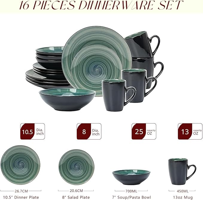 Sonoma 16 Piece Stoneware Dinner Set Outside Black + inside Handpainted Color Blue