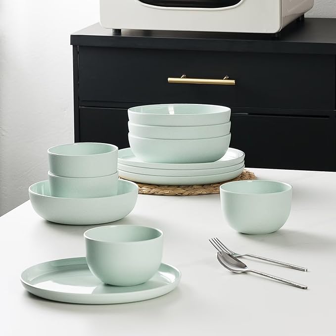 MissYIP 12 Pcs Wheat Straw Dinnerware Sets Unbreakable Reusable Kitchen Dinnerware Set Outdoor Camping Dishes BAP free Dishwasher SafeNot oven-safe or microwavable(Celadon)