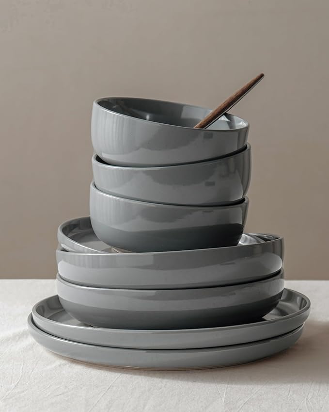 Famiware Milkyway Plates and Bowls Set 12 Pieces Dinnerware Sets Dishes Set for 4 Dark Gray