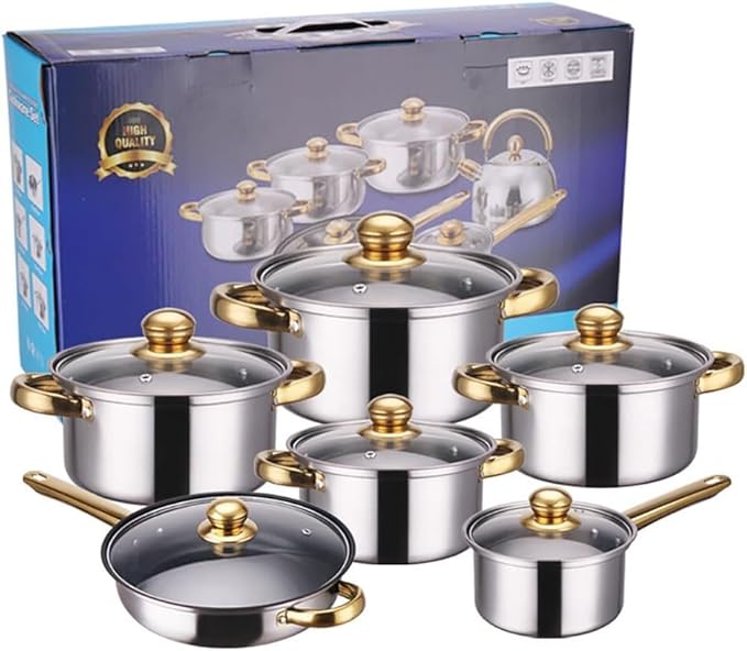 Stainless Heavy Steel Pots and Pans Set 12PCS Ktichen Stainless Steel Nonstick Cookware Set with Glass Lids Full Clad Cooking Set with Stay-Cool Handles Dishwasher Safe Compatible with All Stovetops C