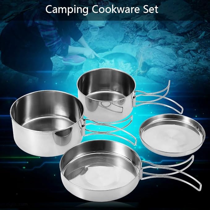 Camping Cooking Set Backpacking Camping Cookware Mess Kit 4Pcs Portable Stainless Steel Camping Picnic Outdoor Pan Pot Plate Tableware