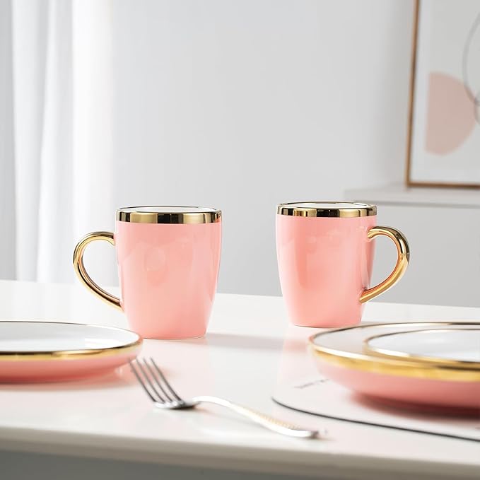 Pink and Gold Ceramic Dinnerware Sets for 4 16-Piece Luxury Plates and Bowls Sets with Gold Rim Modern Dish Set for Wedding Christmas Anniversary Crack Resistant | Dishwasher &amp Freezer Safe (Pi