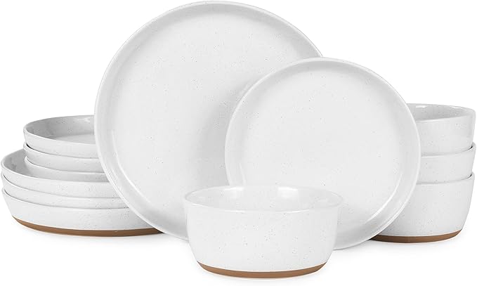 Ceramic Dinnerware SetsPorcelain Plates and Bowls Set with Rustic Terracotta Underside Scratch Resistant 12 Pieces Stoneware Dishes Set Dishwasher &amp Microwave SafeWhite(Brown)