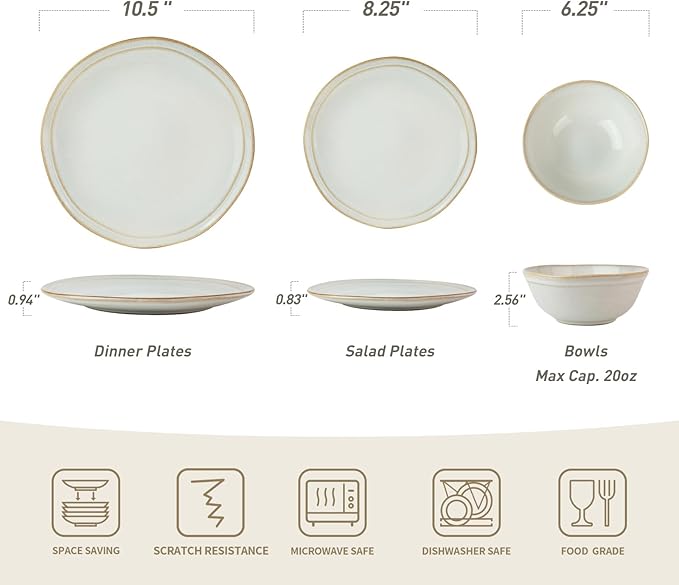 Famiware Aegean Stoneware Dinnerware Set for 4 Plates and Bowls Sets 12-Piece Scratch-Resistant Dinner Plate Set Handmade Irregular Round Dishes - Microwave and Dishwasher Safe Cappuccino White