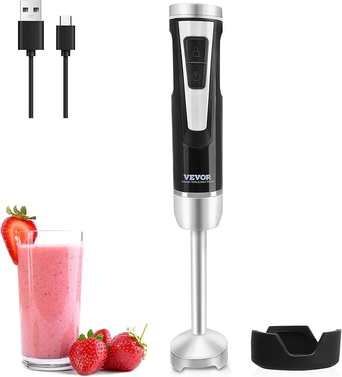 VEVOR Hand Blender 8 Variable Speeds Immersion Blender Stainless Steel Handheld Blender Powerful Motor Hand Mixer USB Charging Cable Multi-purpose Easy Control Grip Stick Mixer