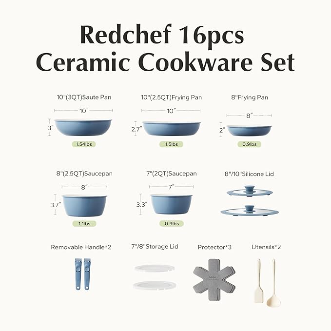 Redchef 16pcs Ceramic Nonstick Pots and Pans Set Kitchen Cookware Set with Removable Handle Non Toxic Cookware Set PFAS PFOA &amp PTFE Free RV Ceramic Cookware for Camping Dishwasher/Oven Safe