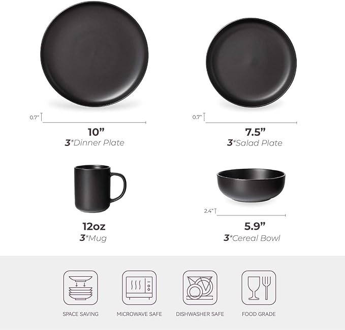 Plates and Bowls Sets 12 Pieces Stoneware Dinnerware Sets with Mugs Stackable Matte Glaze Kitchen Stoneware Plates and Bowls Set for 3 Microwave and Dishwasher Safe(Black)