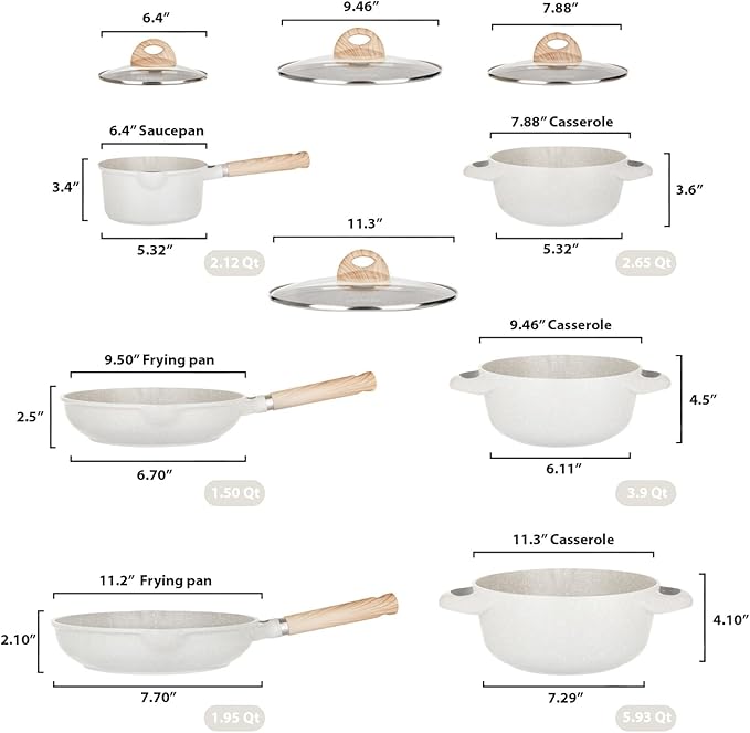 10Pcs Pots and Pans set Die-cast aluminum cookware Kitchen Induction Pots and Pans cooking set PFOA-free GenX-free Oven-safe casserole Frying pans Cream (10-Piece)