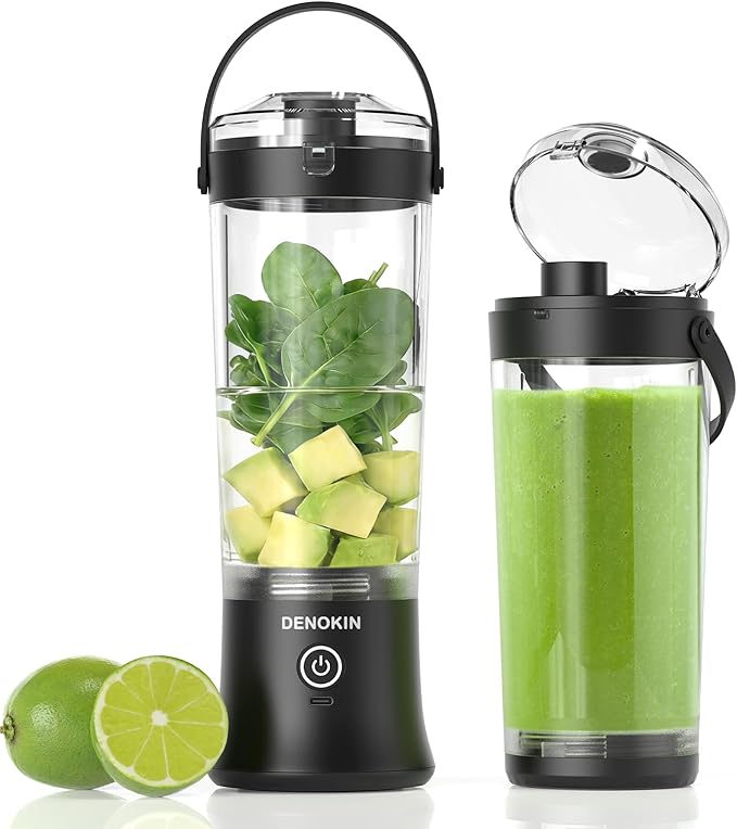 DENOKIN Portable Blender with Drinking Lid 16oz Cordless Blender for On-the-Go Rechargeable via USB-C Black