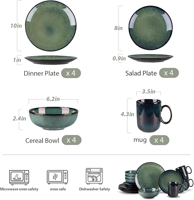 16 Piece Dinnerware Sets for 4 Scratch Resistantmicrowave oven and Dishwasher Safe Plates and Bowls Sets Ceramic Dish Set Bowl and Plate Set -Kiln turns foggy green
