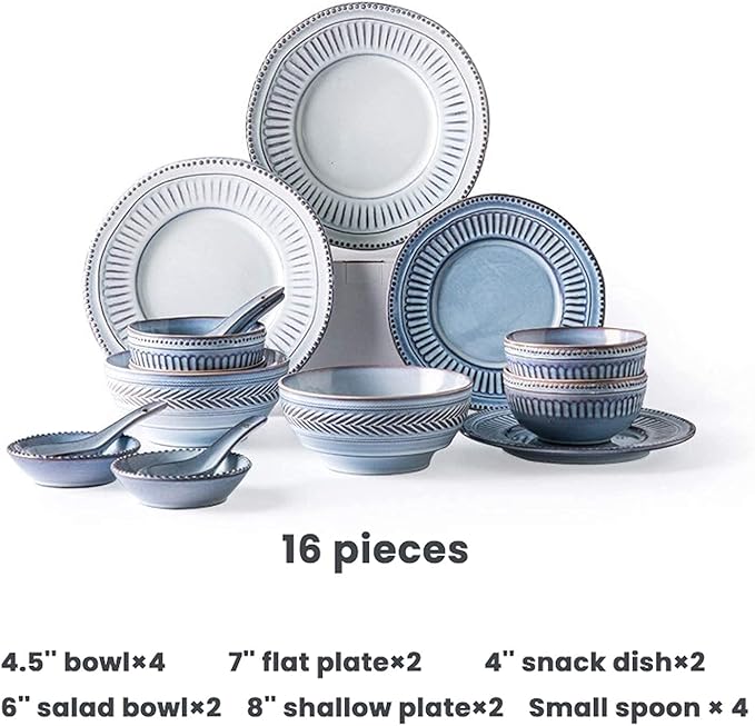 Ceramics Dinner Sets 16 Pieces Relief Craft Porcelain Dinnerware Set|Retro Blue and White Cereal Bowl Steak Plate and Soup Bowl