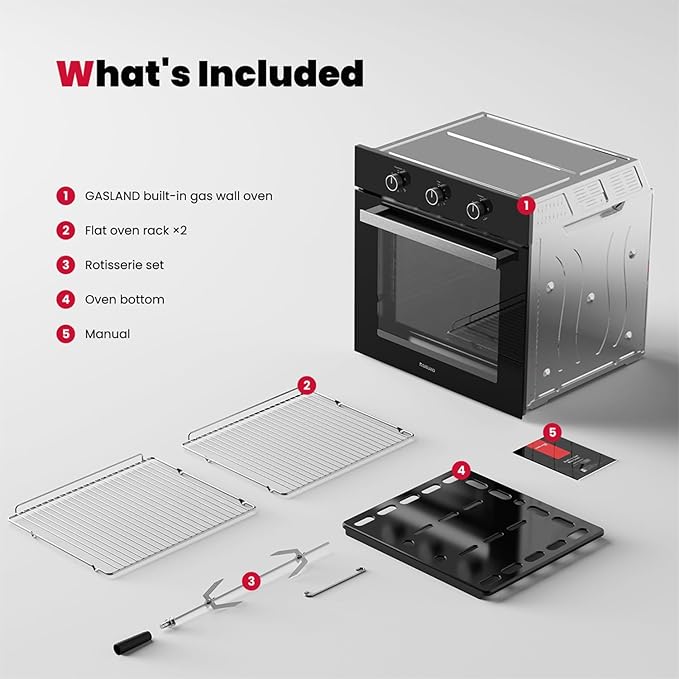 GASLAND 24 in Gas Wall Oven ETL Certified Built-in Single Wall Oven Natural Gas Wall Oven with Bake Broil Rotisserie Functions Timer and Convection Fan 120V Cord Plug Black