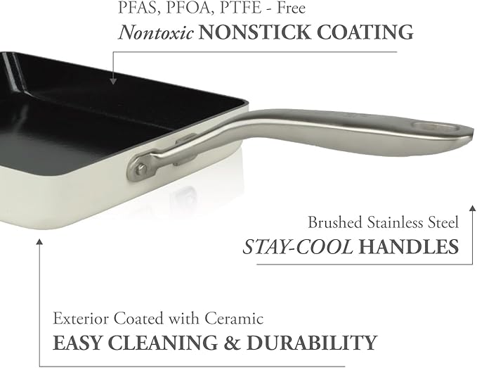 TeChef Collection | Ceramic Nonstick Egg Frying Pan Nontoxic - Nontoxic - Free of PFAS PFOA PTFE Made in Korea (Square Pan)