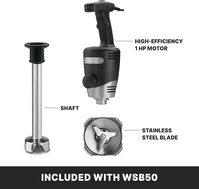 Waring Commerical WSB50 Big Stix Heavy Duty Immersion Blender 12 Removable Shaft 1 HP/700 Watt Variable Speed Motor 120V 5-15 Phase PlugBlack/Silver