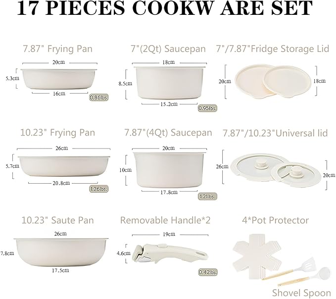Pots and Pans Sets 17-Pieces Nonstick Ceramic Cookware Sets Kitchen Cooking Set with Removable Handles Silicone Tools and Pot Protectors