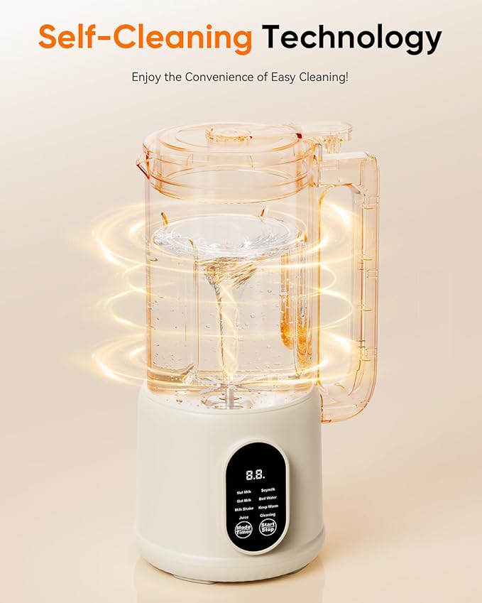 8-in-1 Automatic Nut Milk Maker Machine 34oz Heated Plant-Based Milk Machine with Auto-Clean 10-Blade System for Creamy Almond Oat Soy &amp Dairy-Free Milk 12H Timer