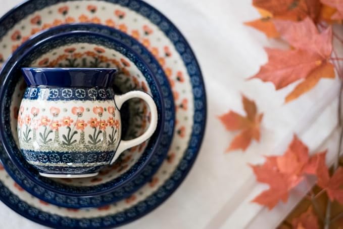 Blue Rose Polish Pottery - Orange Peach Posy 4 PC Place Setting - Service for 1-1 Place Setting - Great for Everyday Dining Casual Dining or as Formal Dinnerware