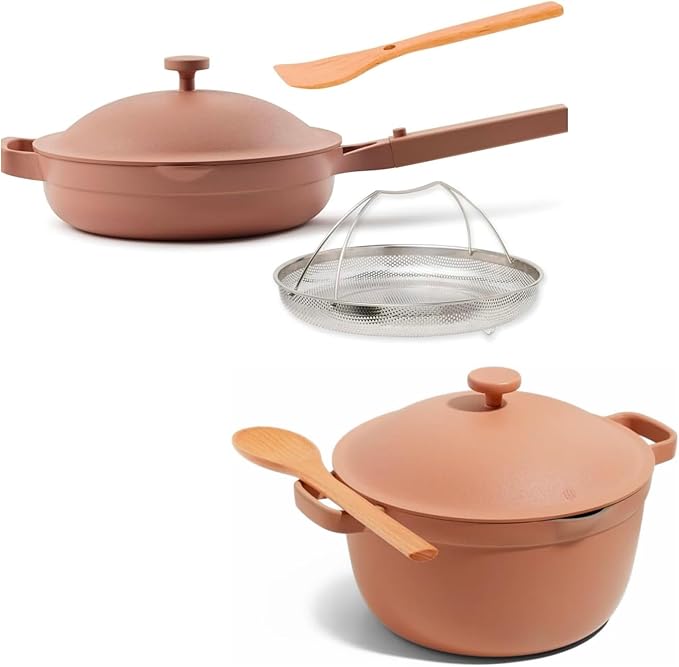 Our Place Cookware Duo | 7-Piece Ceramic Cookware Set with 10.5 Always Pan 2.0 5.5 Qt Perfect Pot &amp Strainer Basket | Induction &amp Oven Safe up to 450°F | Nonstick Non-Toxic Cookware | Spice