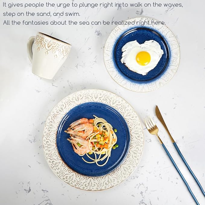Stoneware Dinnerware Set of 4 4 Pieces Ceramic Dinner Plates Bowl Mug for Kitchen – Unique Gift Idea Scratch Resistant Dishes Dishwasher &amp Microwave Safe (Coral Sea)