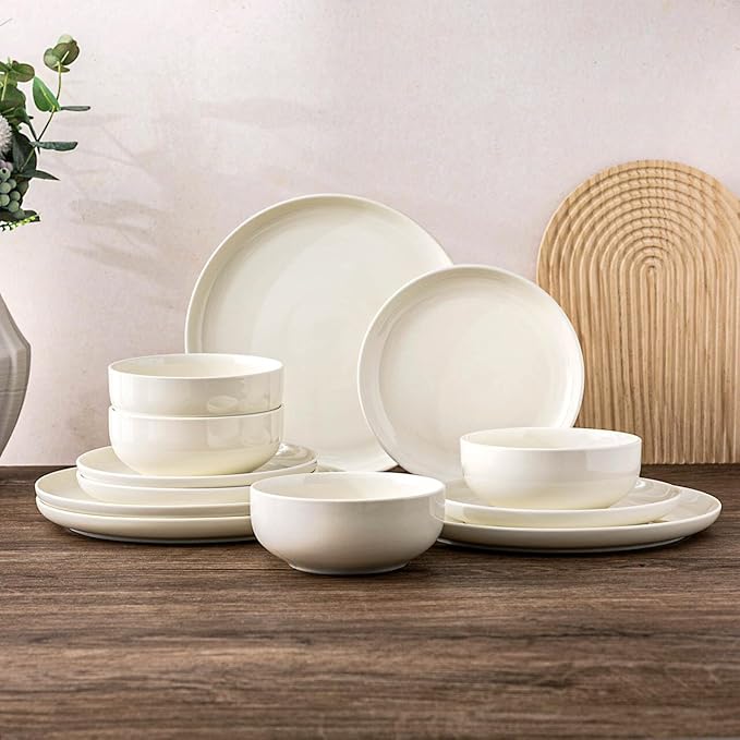 AmorArc Ceramic Dinnerware Sets High Rim Stoneware Plates and Bowls Sets Highly Chip and Crack Resistant | Dishwasher &amp Microwave &amp Oven Safe Dishes set Service for 4 (12pc)