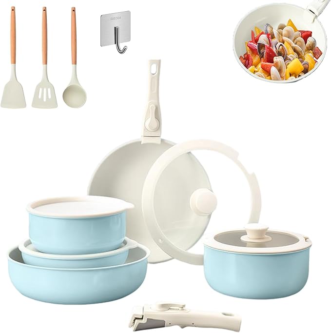Pots and Pans Set Non Stick Cookware Set with Detachable Handles 5/11 Piece Ceramic coating Cooking Set with Frying Pan Saucepan Stock Pot Suitable for All Stovetops Dishwasher Safe (Blue15)