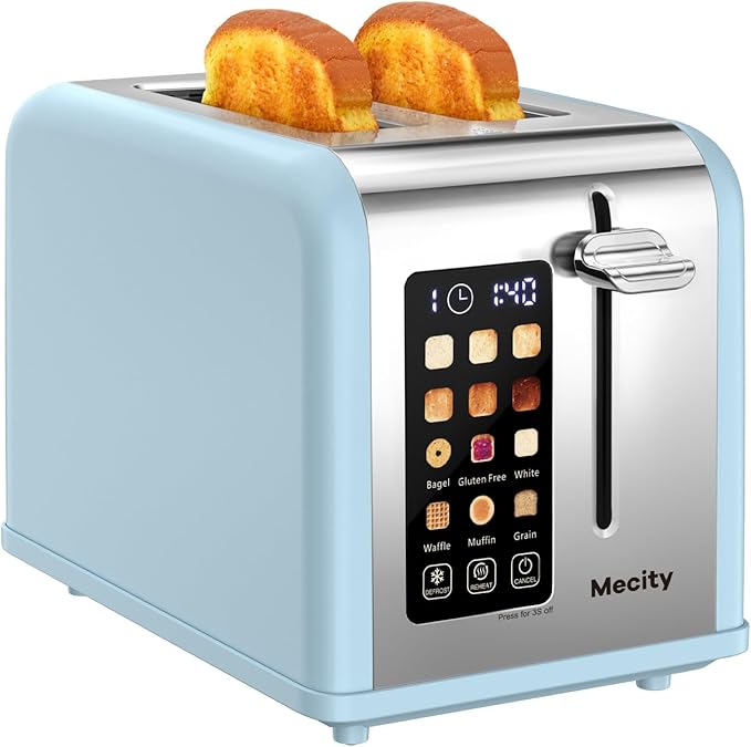 Mecity 2 Slice Touch Screen Toaster 1.5 Wide Slot Stainless Steel Smart Toaster for Bagels Muffins Waffles Gluten-Free Breads Defrost Reheat Timer 120V 825W Ice Blue