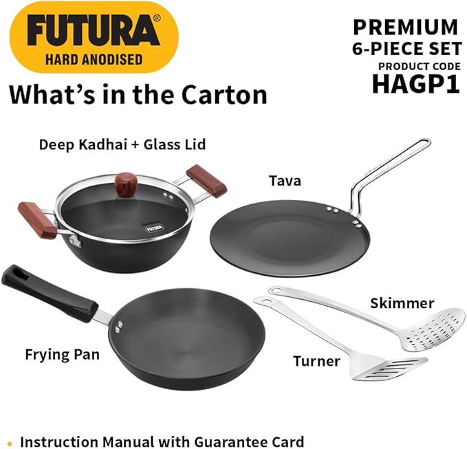 Hawkins Futura 6-Piece Hard Anodised Induction Gift Set - 2L Kadhai 20cm Frying Pan 26cm Tava Glass Lid Stainless Steel Skimmer and Turner (HAGP1)