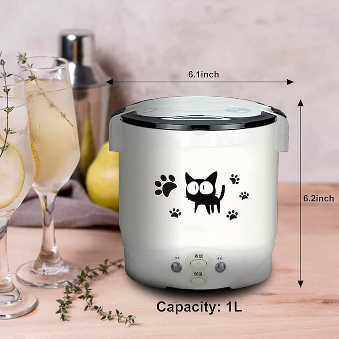 Mini Rice Cooker Vehicle-Mounted Rice Cooker 12V Thermal Insulation and Protection Function 1L Portable Steamer Boiling Pot Portable Handle Outdoor Boiling Cooker Portable Cooker (White)